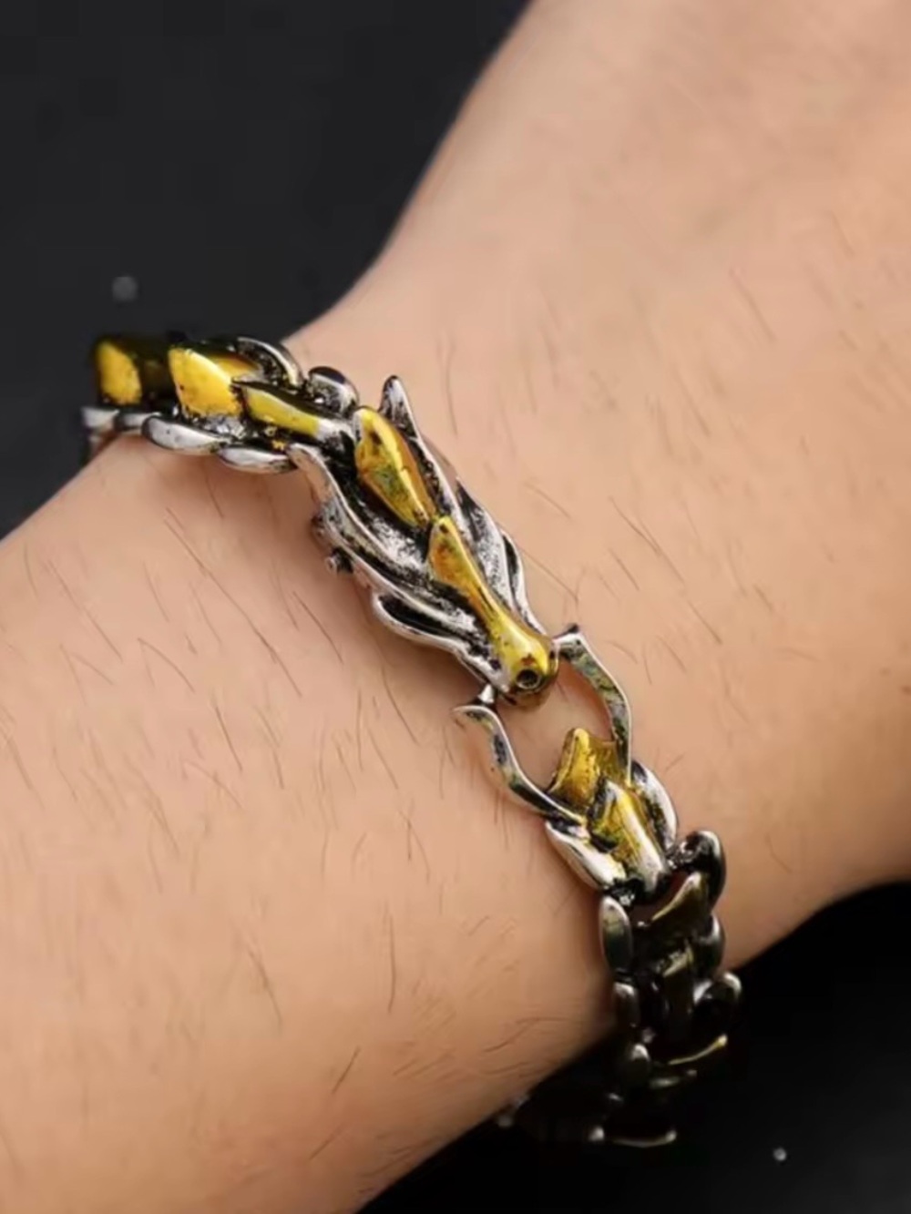 Retro Two-Toned Gold & Silver Metal Dragon Link Bracelet - Picture 2 of 10